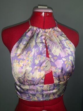 Pastel Floral Halter Tie-Back Crop Top